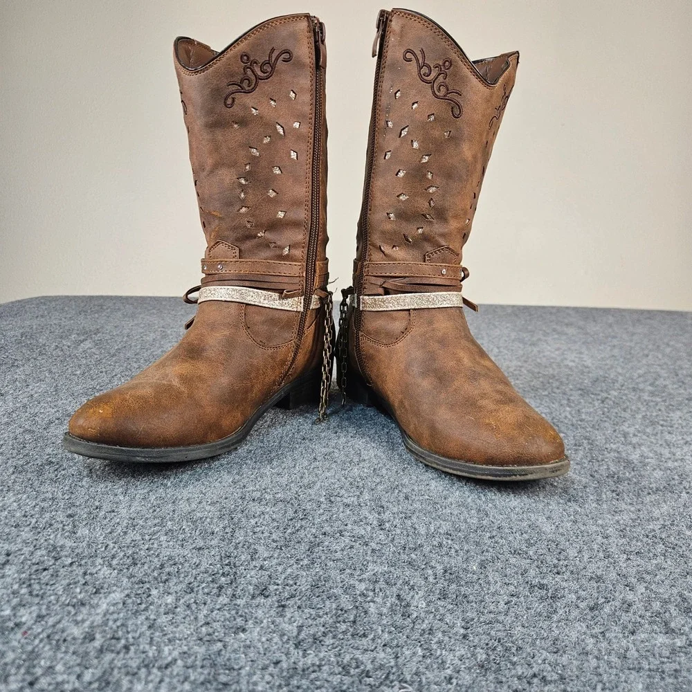 Rodeo Roper Bozeman Kids Brown Western Cowboy Boots Size 4M Glitter Chain Detail